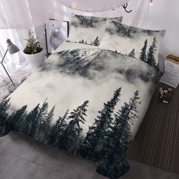 3 Piece Mountain And Tree Bedding Set Duvet Cover With 2 Pillow Shams