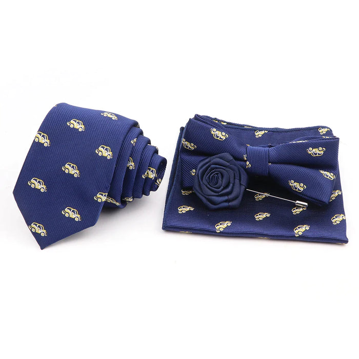 Cartoon Insect Tie Set Blue Bowtie Handkerchief Necktie For Men Business Party Casual Wear Gift