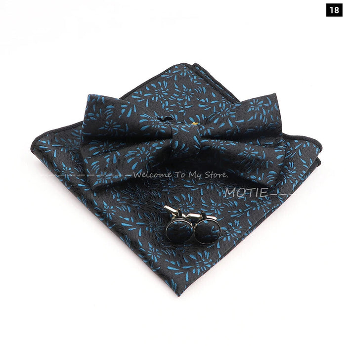 Blue Floral Pocket Square Set Bowtie Cufflink Brooch For Weddings