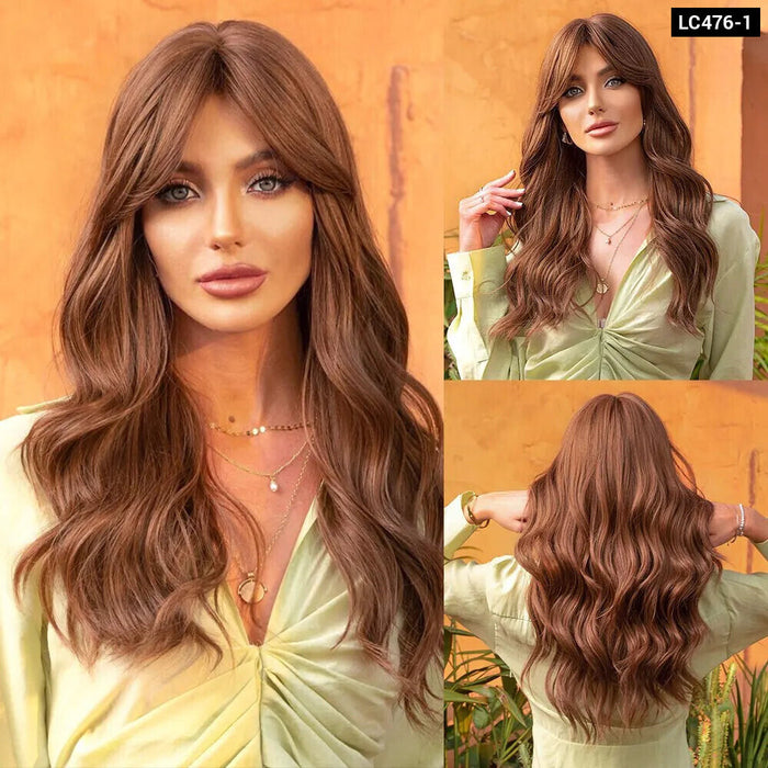 Long Wavy Brown Blonde Ombre Synthetic Wig With Dark Roots