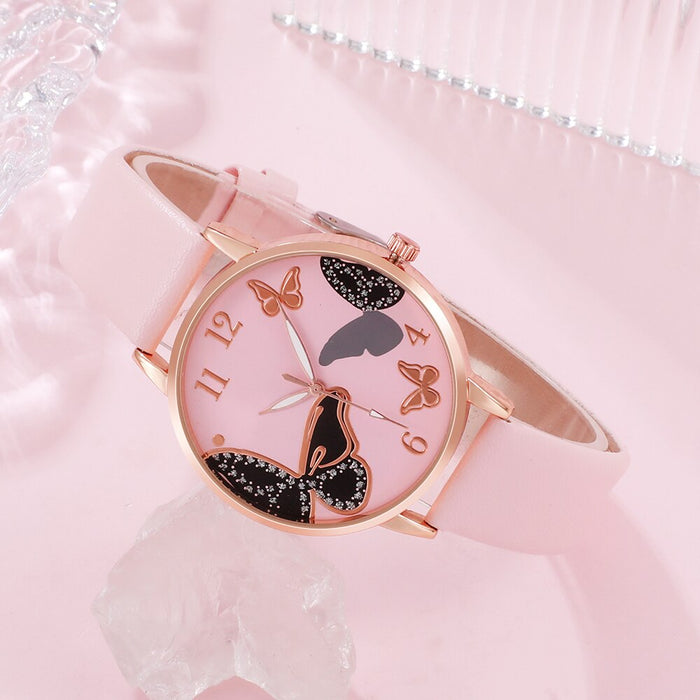 6Pcs Set Women Butterfly Dial Watch Brand Design Female Clock Pink Leather Band Ladies Watches Fashion Casual Quartz Wristwatche