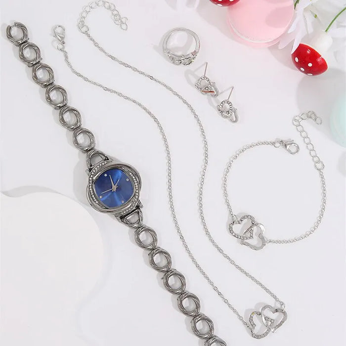 5Pcs Set Watches Women Hollow Chain Watches Simple Casual Women'S Wristwatch Bracelet Necklace Earring