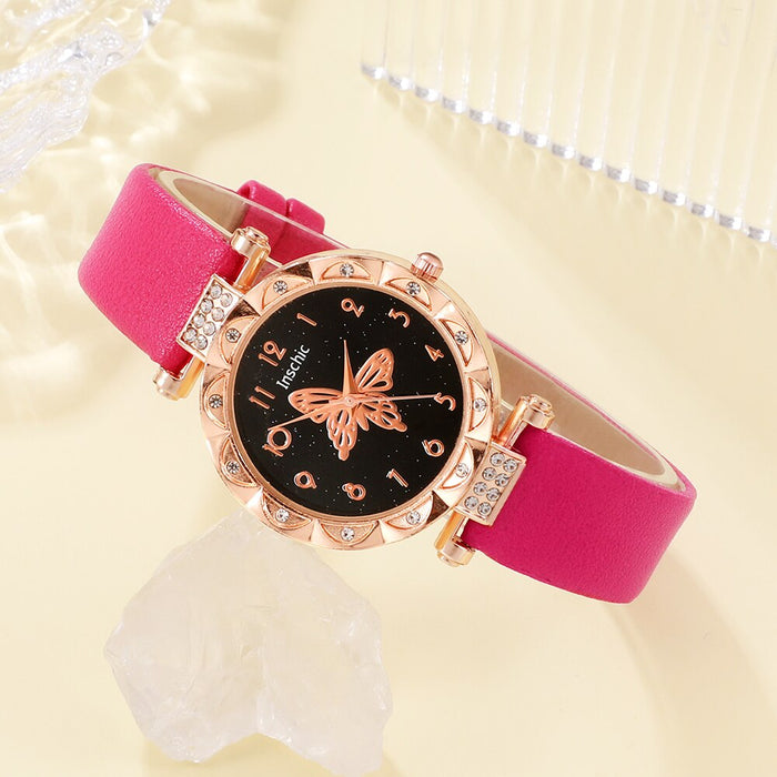 5Pcs Set Womens Fashion Quartz Watch Female Clock Rose Red Butterfly Luxury Brand Design Women Watches Simple Ladies Wrist Watch