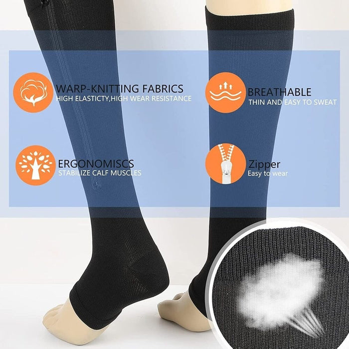 2Pcs/Pair Zipper Compression Open Toe Stockings for Women Men Walking, Running, Cycling