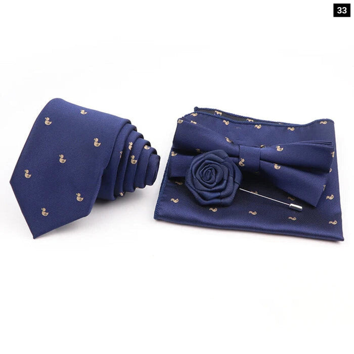 Cartoon Insect Tie Set Blue Bowtie Handkerchief Necktie For Men Business Party Casual Wear Gift