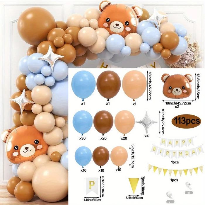 113Pcs Brown Birthday Balloon Set With Bear Shape Aluminum Balloon For Birthday Party Event Celebration Festival Party