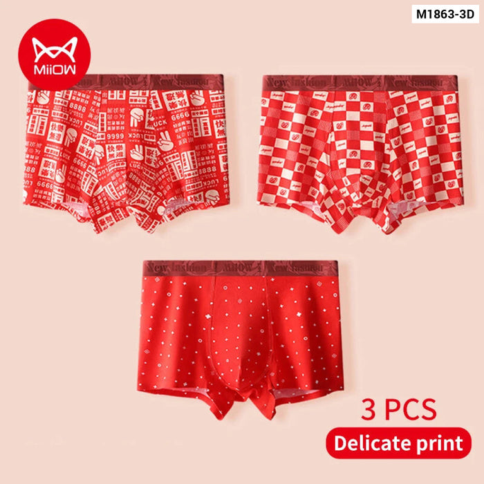 3pc Red Print Cotton Mens Underwear