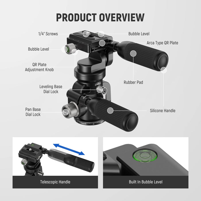 3 Way Pan/Tilt Tripod Head With ±15° Leveling Bowl Base Precise Damping Friction