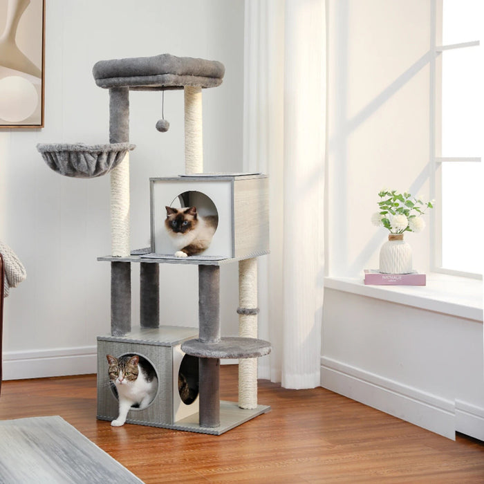 130Cm Wooden Cat Tree Double Condos Sisal Post