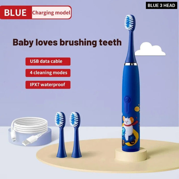 Electric Ultrasonic Rechargeable Soft Cartoon Toothbrush With Replacement Heads For Kids