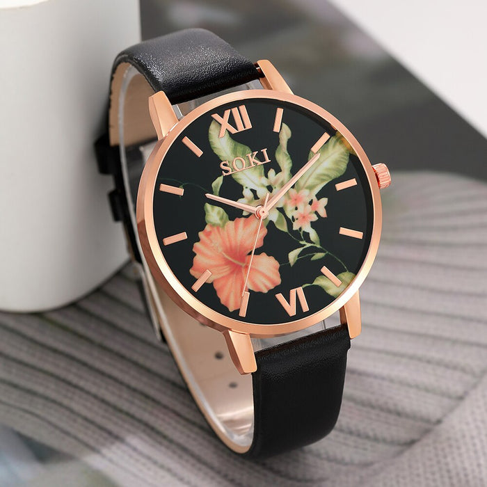 6Pcs Set Dainty Quartz Watches Simple Bracelet Women Leisure Casual Round Pointer Flowers Dial Watch Marbling Bracelet Set