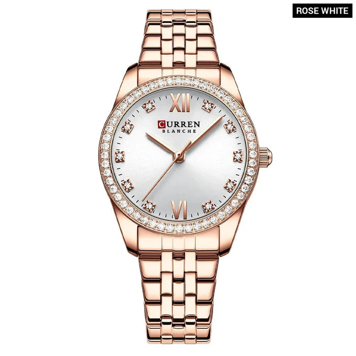 Stainless Steel Charming Rhinestone Rose Dial Quartz Watches For Women