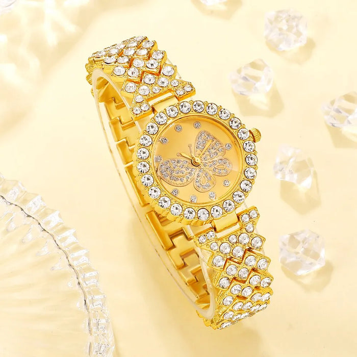 Women Butterfly Dial Watch Brand Design Female Clock Women Steel Bracelet Watch Quartz Luxury Fashion Set With Diamonds