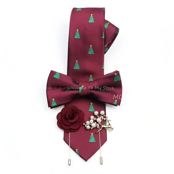 Christmas Tie Set Red Snowflake Bowtie And Brooches For Parties And Gifts