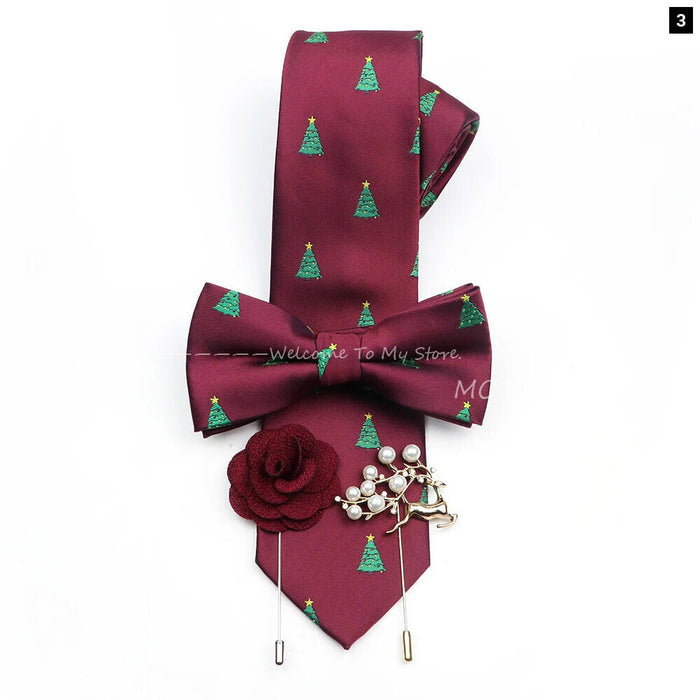 Christmas Tie Set Red Snowflake Bowtie And Brooches For Parties And Gifts