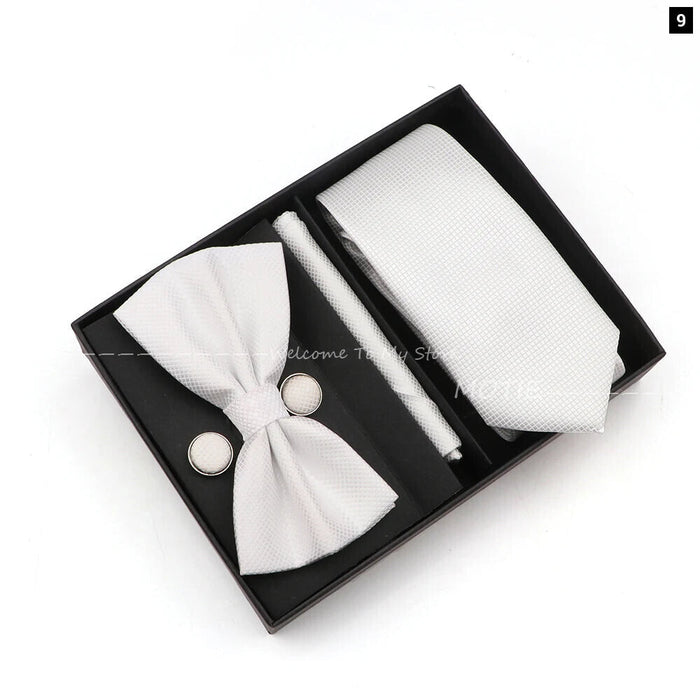 Premium Striped Tie Set Box Necktie Bowtie Handkerchief Cufflinks For Weddings And Suits