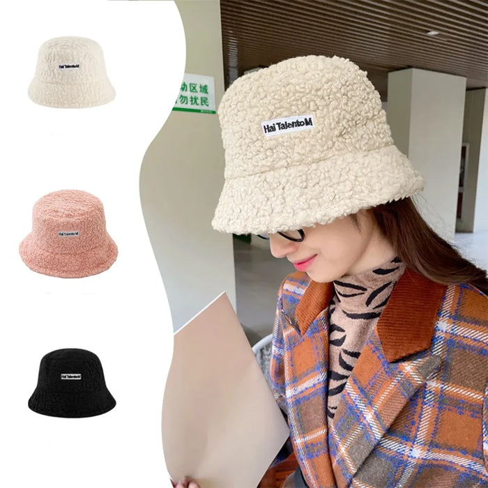 Kids Winter Bucket Hat Cute Lamb Wool Fisherman Hat For Boys And Girls Solid Flat Top Design Thick And Warm Sun Cap For Outdoor Activities