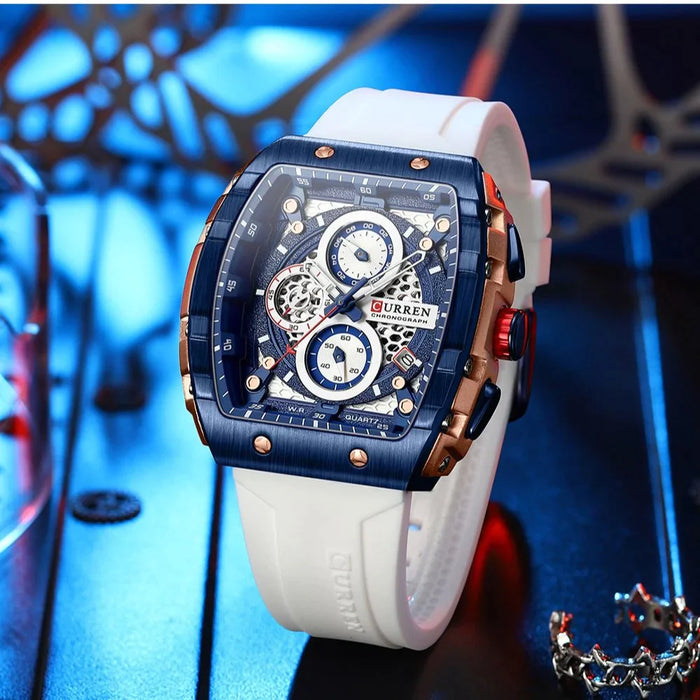 Silicone Rectangular Hollow Design Chrongraph Quartz Wristwatch