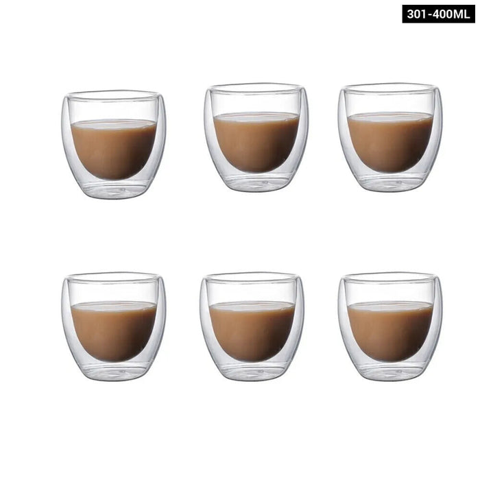 Pack Of 6 Clear Double Wall Glass Coffee Mugs Set 5 Sizes