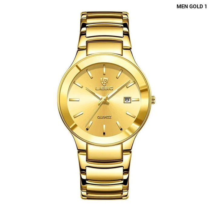 Golden Stainless Steel Quartz Watch Women Men Waterproof Date Wristwatches For Ladies Female Clock