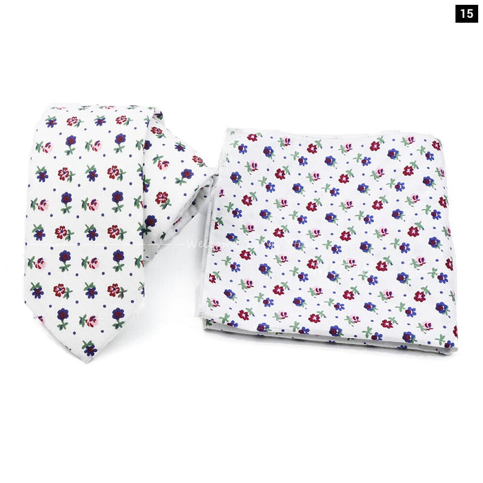 Floral Cotton Ties And Pocket Square Set For Business And Weddings