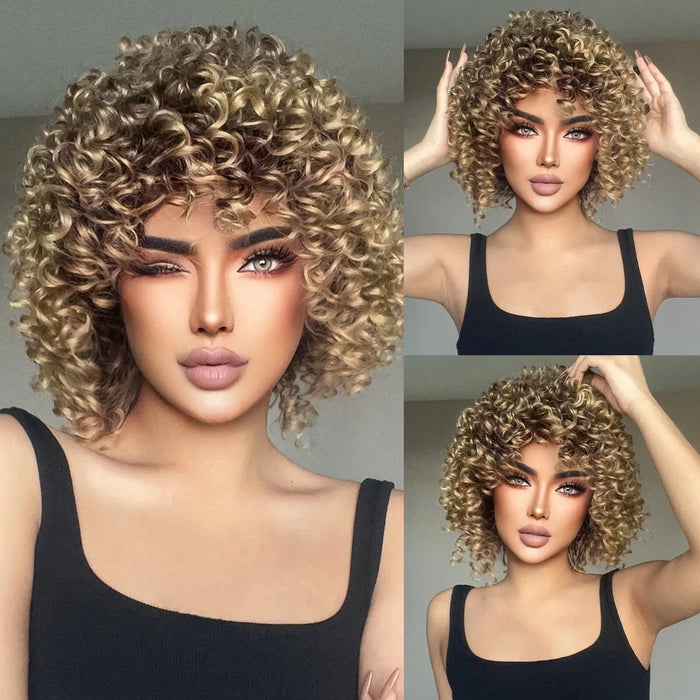 Short Brown Blonde Curly Synthetic Wig