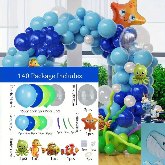 140Pcs Ocean-Themed Balloon Garland Kit - Blue Sea Animal Party Decor For Summer & Birthday Celebrations Indoor / Outdoor Use