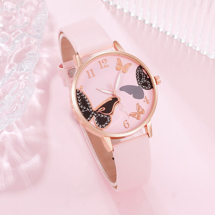 6Pcs Set Women Butterfly Dial Watch Brand Design Female Clock Pink Leather Band Ladies Watches Fashion Casual Quartz Wristwatche