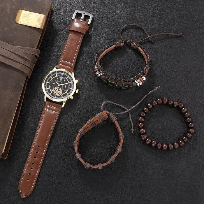 4PCS Set Men Watch Luxury Bracelet Set Fashion Business Brown Leather Quartz Wrist Watches for Men Set