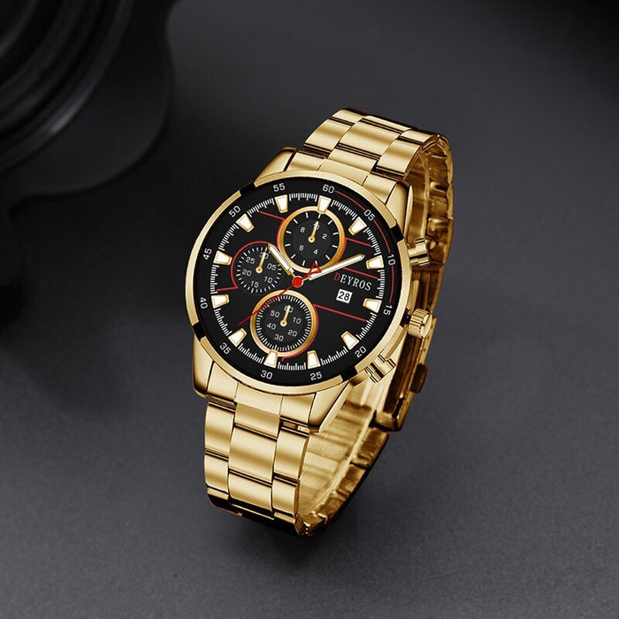 Men's Fashion Luxury Gold Stainless Steel Quartz Watches Man Calendar Sports Clock Male Luminous Watch Necklace Set