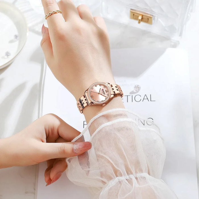 Stainless Steel Charming Rhinestone Rose Dial Quartz Watches For Women