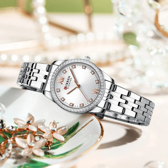 Stainless Steel Slim Rhinestone Dial Classy Dress Watches For Women