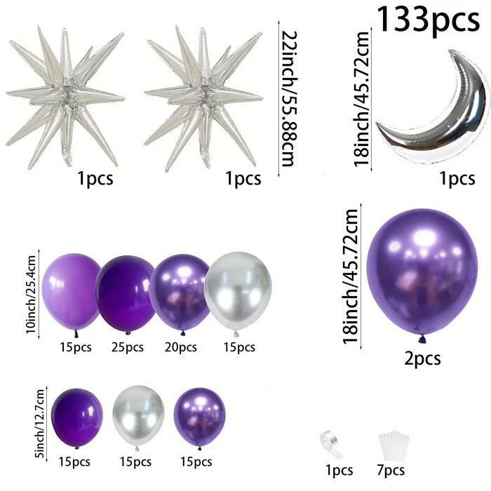 133Pcs Dark Purple Balloon Arch Set Lilac And Metallic Purple Silver Moon Suitable For Outdoor Decoration On Ramadan Anniversary
