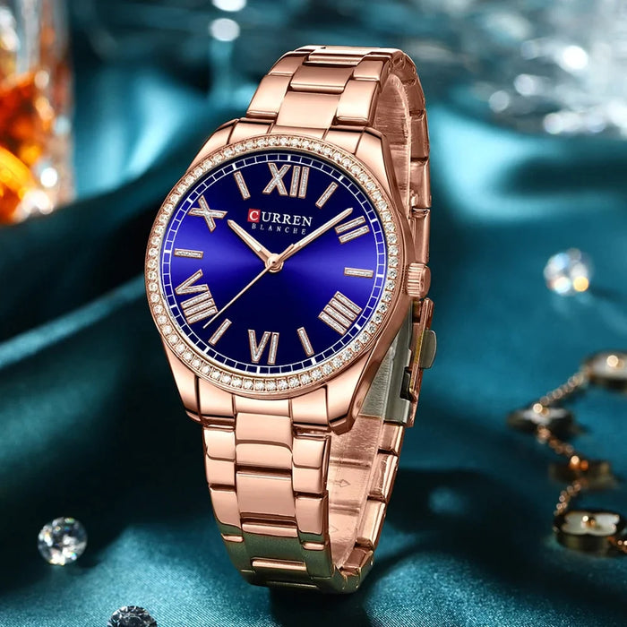 Stainless Steel Elegant Rhinestones Thin Luminous Quartz Wristwatch