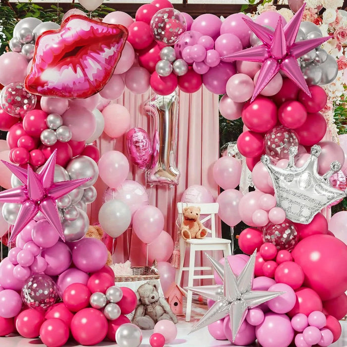 148Pcs Pink And Exploding Star Silver Crown Balloon Arch Set Birthday Party Mother'S Day Bridal Shower Wedding Home Decor