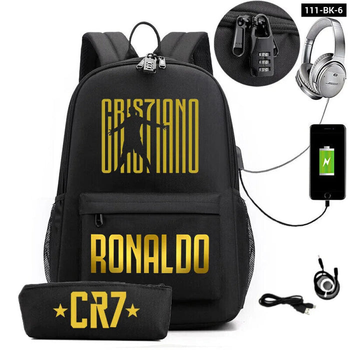 Ronaldo Printed Backpack With Usb And Lock 2 Piece Set