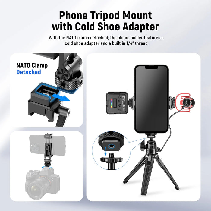 Metal Phone Tripod Mount With Cold Shoe & Nato Clamp For Dji Gimbals Iphone 15 Compatible