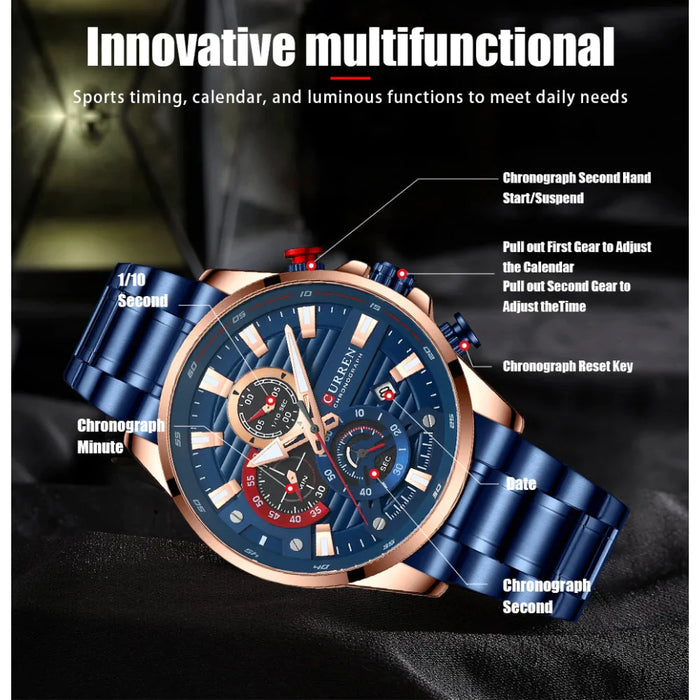 Blue Multi Function Quartz Watches Sport Stainless Steel Band Wristwatches For Men With Luminous Hands