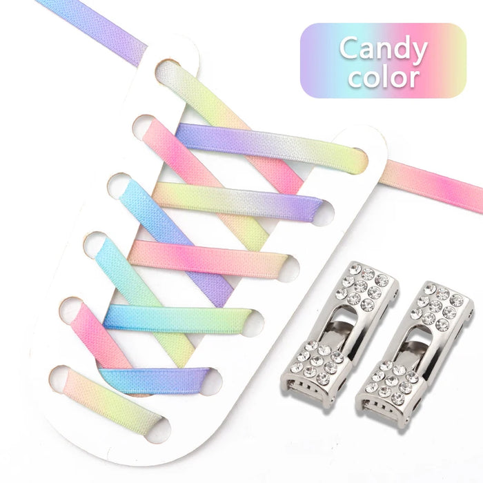 Rainbow No Tie 8Mm Wide Flats Diamond Cross Buckle Rubber Shoe Laces For Kids & Adults Shoes