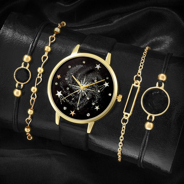 5Pcs Set Women Fashion Watch Casual Leather Belt Watches Ladies Starry Sky Dial Quartz Wristwatches Dress Clock