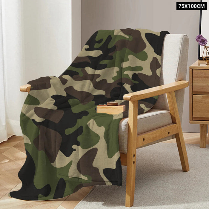 Green And Black Camo Fleece Throw Blanket For Bed Or Couch