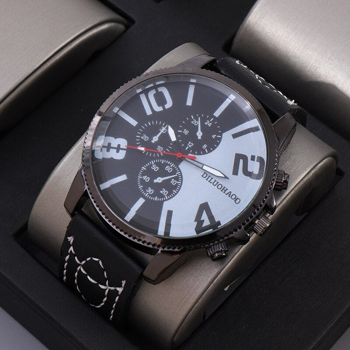 2pcs Big Dial Quartz Wristwatch Luxury Men Leather Business Casual Watch Bracelet Fashion For Daily Sports