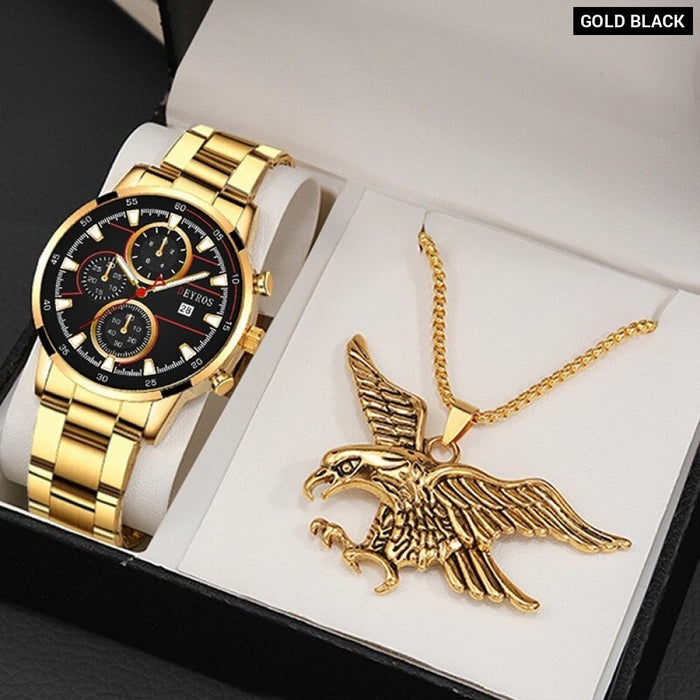 Men's Fashion Luxury Gold Stainless Steel Quartz Watches Man Calendar Sports Clock Male Luminous Watch Necklace Set