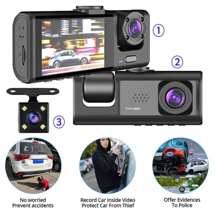 1080P 3 Camera Dash Cam With Ir Night Vision And Loop Recording