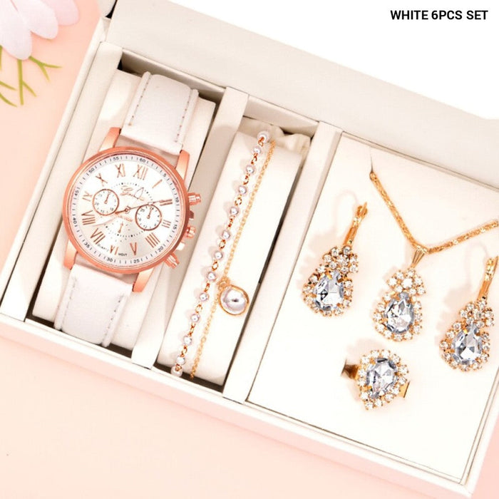 6Pcs Set Fashion Women Watches Simple Ladies Business White Leather Quartz Watch Womens Necklace Earrings Bracelet Wristwatch