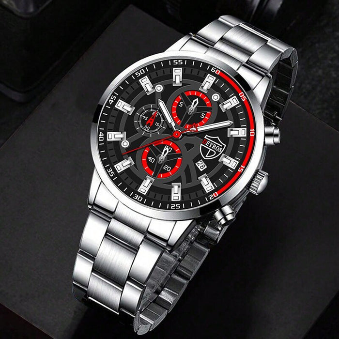 3PCS Set Fashion Luxury Mens Calendar Watches Male Casual Silver Quartz Watch Men