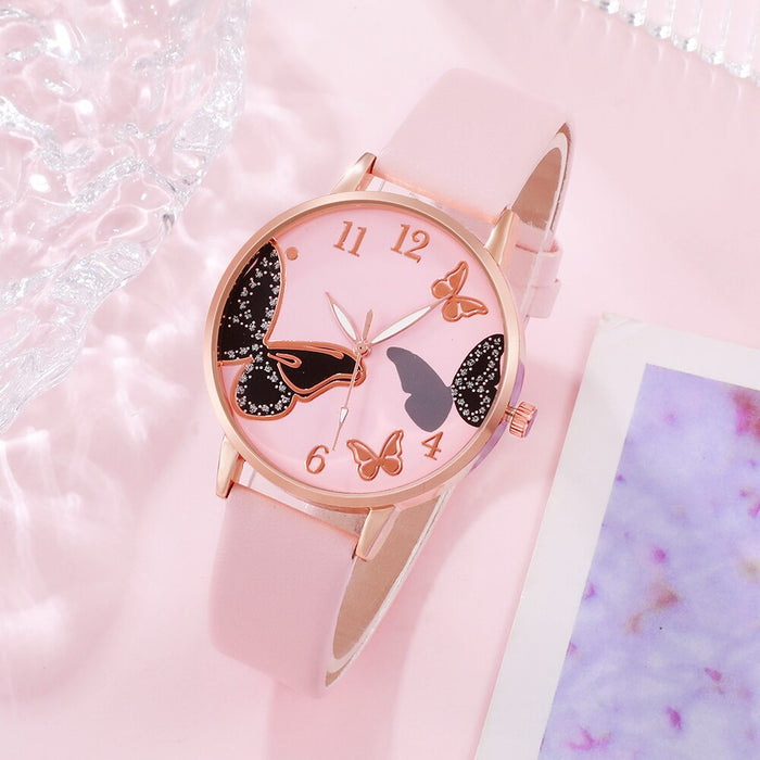 6Pcs Set Women Butterfly Dial Watch Brand Design Female Clock Pink Leather Band Ladies Watches Fashion Casual Quartz Wristwatche