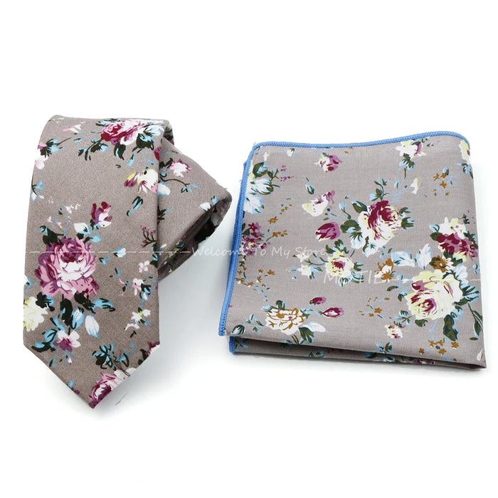 Floral Cotton Ties And Pocket Square Set For Business And Weddings