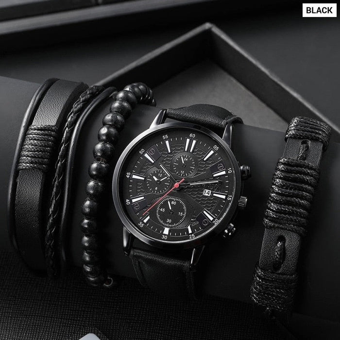 4pcs Black Round Quartz Watch With Pu Leather Bracelet Men