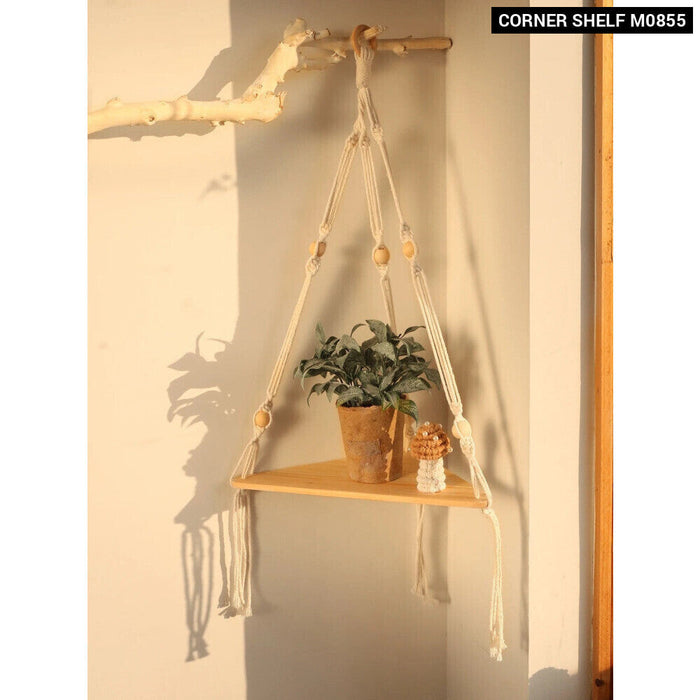 Boho Macrame Wall Shelf For Pot Storage And Decor